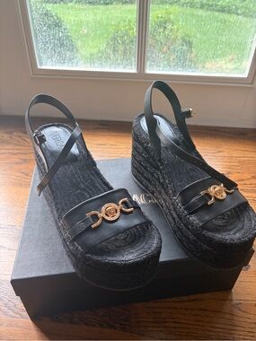 Versace Black Platform Espadrille Sandals with Gold Medusa Medallion Accent
